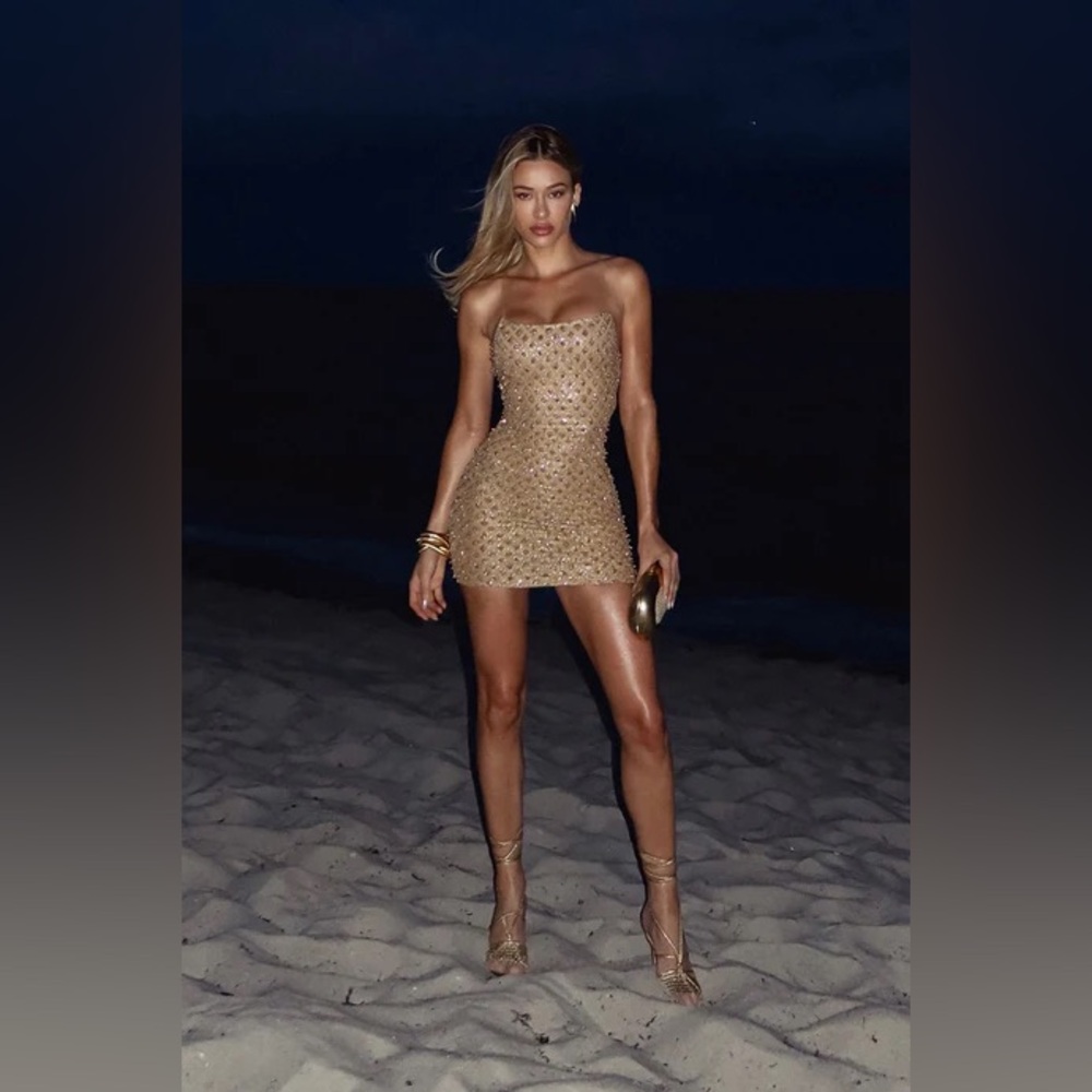 Fashion Nova Beaded Strapless Mini Dress in Gold